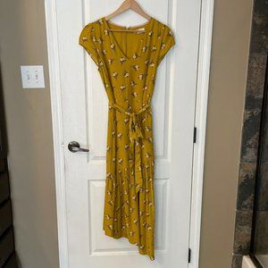 Boden | Mustard Yellow Floral Belted Asymmetrical Maxi Midi Dress Sz 6 FLAW Fall